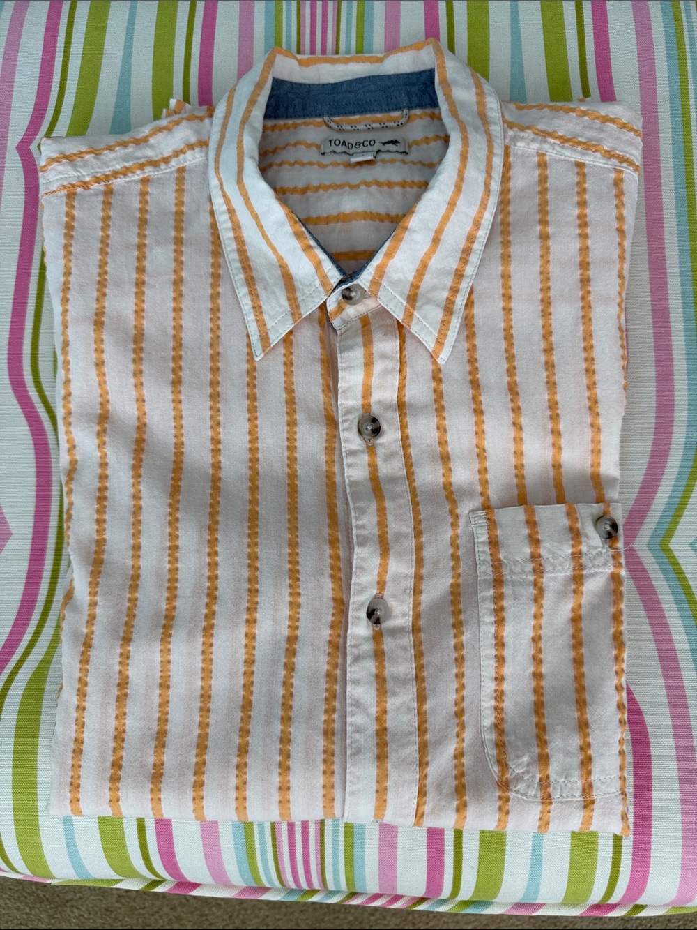Men’s Toad & Co Orange & Cream striped SS Shirt size L